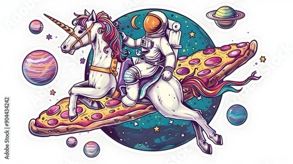 Fototapeta Quirky Astronaut Riding Unicorn Through Galaxy of Pizza Planets