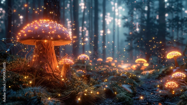 Obraz Enchanting Forest with Glowing Mushrooms and Magical Lights Creating a Mystical and Fantasy-Like Atmosphere

