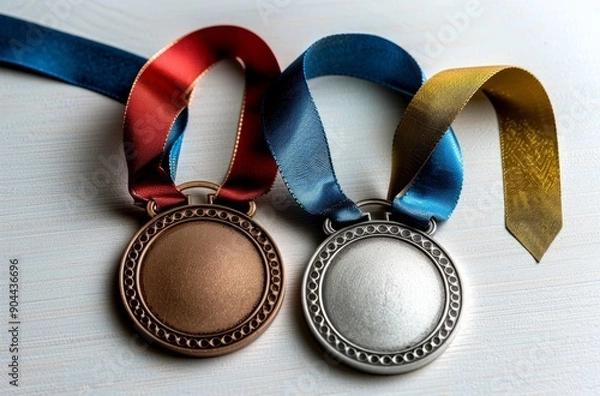 Fototapeta three medals against a white background, in the style of metalworking mastery, 