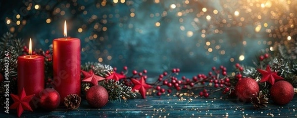 Fototapeta Christmas background with red candles, stars and decorations on a wooden table.