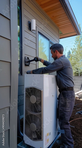 Fototapeta Hvac technician is installing a modern heat pump unit on the exterior wall of a newly built residential building