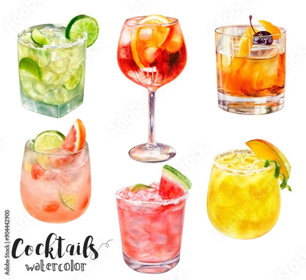 Fototapeta A vibrant and lively collection of beautiful watercolor cocktails, ideal for summer drinks and festive celebrations. PNG