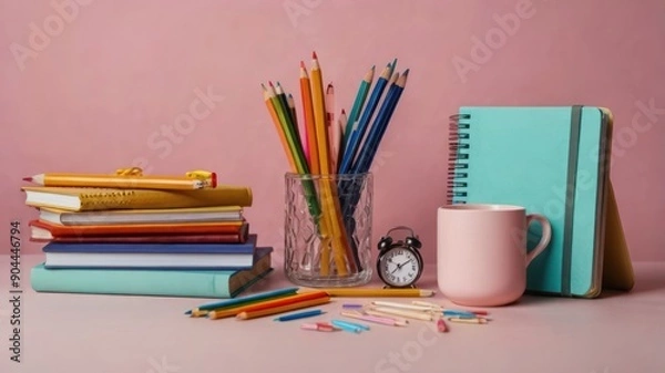 Fototapeta A colorful study setup featuring a stack of books, vibrant pencils, a notebook, a clock, and a cup on a pink background.