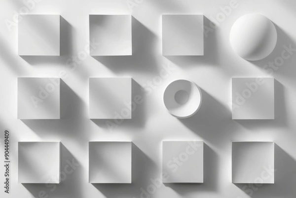 Fototapeta A minimalist composition featuring a group of white cubes and a sphere on a white surface