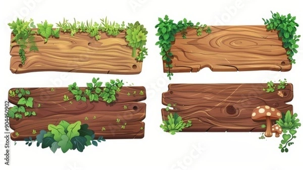 Fototapeta Illustration showcasing wooden planks covered in various green plants and a mushroom, perfect for woodland and forest-inspired themes, depicting a fresh, natural vibe.