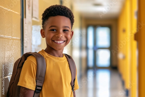 Fototapeta cheerful little black boy student with backpack walking through the elementary school hallway, confidently smiling at the camera. Back to school concept. copy space for text.