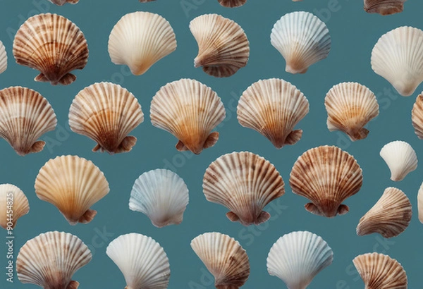 Fototapeta Collection of beautiful ocean scallop shells set isolated on transparent background