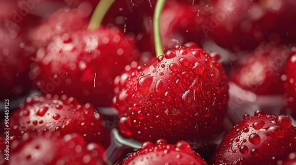 Fototapeta   A close-up of a group of red cherries with water droplets on their surfaces