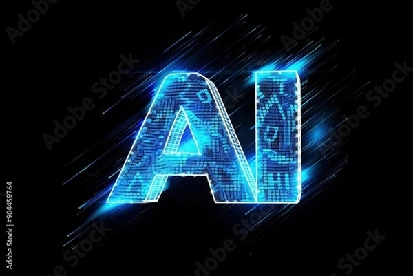 Obraz A blue holographic logo with the letters "AI" on it, set against a black background pattern that conveys artificial intelligence or technology Generative AI