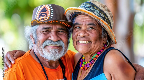 Obraz Australian aboriginal man and woman, smiling at the camera with their arms around each other. man wearing Orange t-shirt with a hat and woman wearing necklaces and hat. hugging senior couple