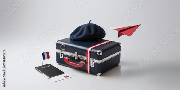 Fototapeta Minimalist 3D cartoon rendering with France theme - Beret under Blue suitcase isolated on white background with passport and boarding pass. International vacation travel concept.