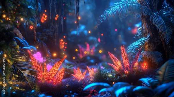 Obraz Alien jungle with strange plants and glowing fauna