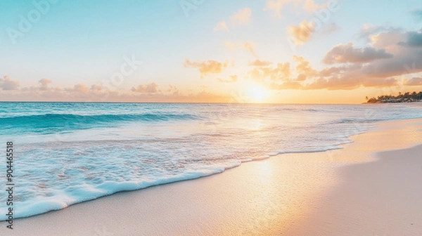 Obraz Serene beach at sunrise with gentle waves and soft sand