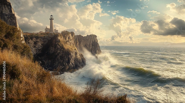 Obraz Serene coastal cliff with a lighthouse and crashing waves