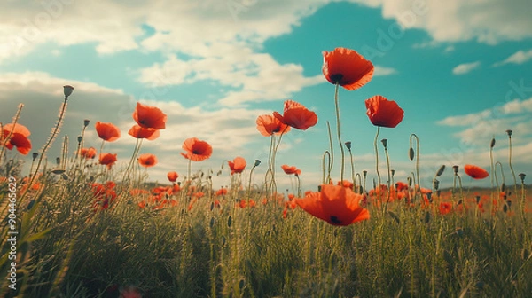 Obraz Serene field of poppies with a gentle breeze and blue sky