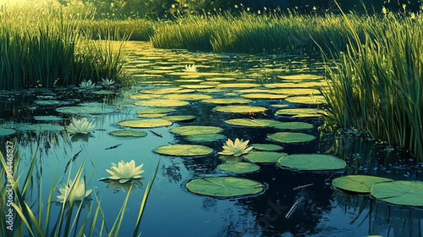 Obraz Serene marshland with lily pads and dragonflies