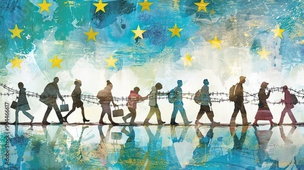 Fototapeta Diverse Group of People Celebrating Freedom of Movement Across Open Borders in Europe