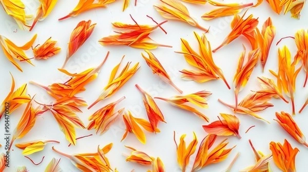 Fototapeta A vivid display of bright yellow and orange petals spread out on a pristine white surface, capturing the vibrant colors and delicate textures of the flower petals.