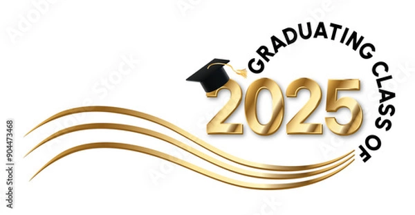Obraz White background - Graduating Class of 2025 in black text in a circle. 2025 is in gold text. A graduation cap with a gold tassel sits on top of the year. Wavy golden lines accent.