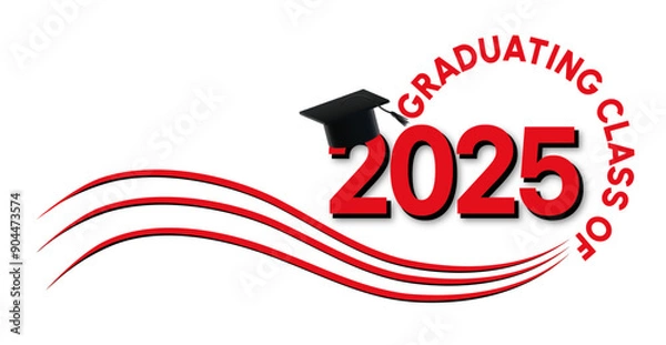 Obraz White background - Graduating Class of 2025 in red and black text in circle around the year. 2025 is in bright red text. A Graduation cap with black tassel on top of the year. Wavy red lines accent.