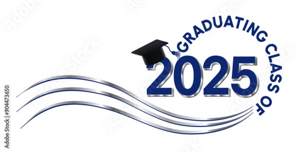 Obraz White background - Graduating Class of 2025 in blue and silver text in circle. 2025 is in royal blue text. Graduation cap with blue tassel on top of the year. Wavy silver and blue lines accent.