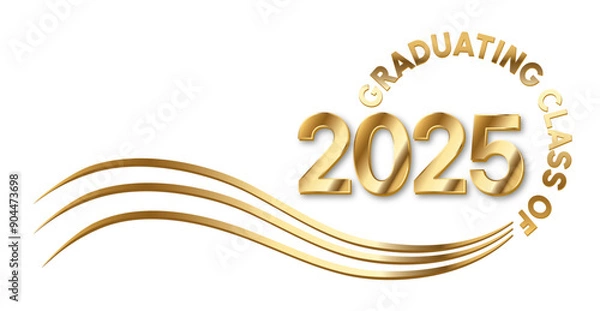 Obraz White background - Graduating Class of 2025 in gold text in a circle around the year. 2025 is in Gold text. Wavy golden lines accent.