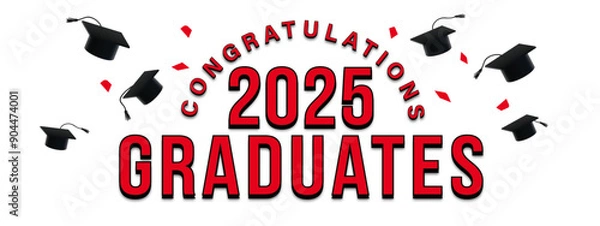 Obraz White Background - red and black festive graduation announcement for the class of 2025 featuring Congratulations text, graduation caps, and confetti. Ideal for celebrating graduates, and invitations.