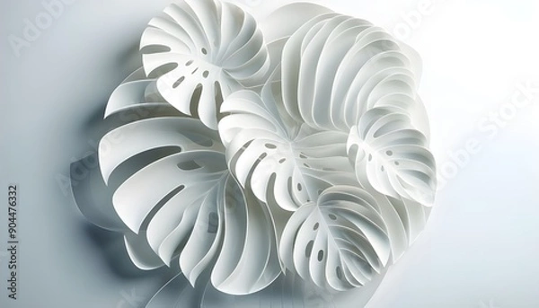 Fototapeta Abstract white background with 3D Monstera leaves. Smooth lines form surfaces of light and shadow
