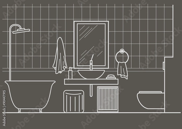 Fototapeta architectural linear sketch bathroom interior front view on gray background