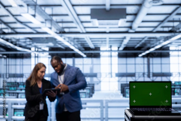 Fototapeta Software developers using green screen laptop in data center, making sure rigs are functioning optimally. Experts in server room using chroma key laptop to monitor energy consumption