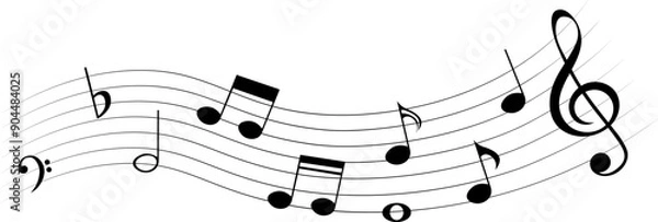 Fototapeta Black music notes on wavy stave,  isolated vector musical element.