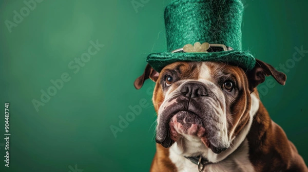 Fototapeta a photograph of an English bulldog wearing St. Patrick's hat against a vivid green background. st. patrick's day.