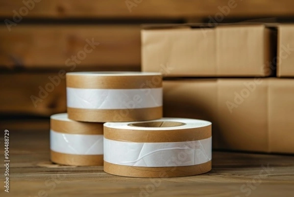 Fototapeta Three rolls of packing tape are sitting on a wooden table with cardboard boxes in the background