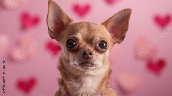 Fototapeta a photograph of a chihuahua dog against a pink background with hearts behind in the studio. valentine's day.