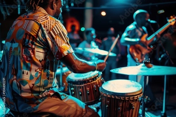 Fototapeta Bongo drummer performing on stage with conga drums during jazz rock show while cuban afro cuban jazz band plays in the background
