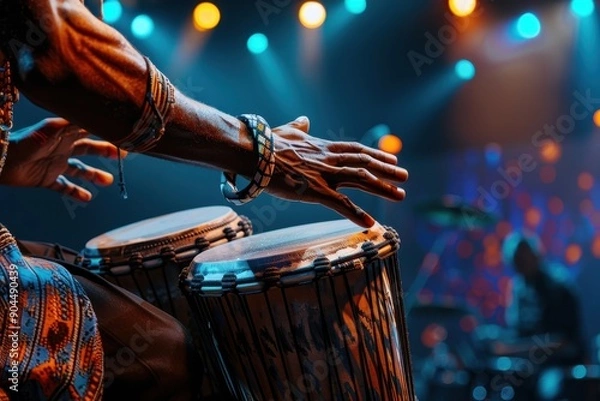 Fototapeta Close up of male hands playing bongo drums at an African culture event with stage lights Concept of music instruments concert