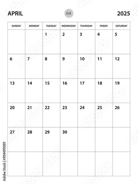 Fototapeta April 2025 year planner template, calendar 2025 desgin, monthly and yearly planners. organizer diary. week start Sunday, corporate planner template, Desk calendar 2025, vertical layout, vector