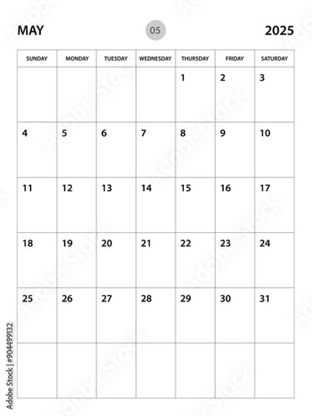 Fototapeta May  2025 year planner template, calendar 2025 desgin, monthly and yearly planners. organizer diary. week start Sunday, corporate planner template, Desk calendar 2025, vertical layout, vector