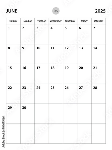 Fototapeta June 2025 year planner template, calendar 2025 desgin, monthly and yearly planners. organizer diary. week start Sunday, corporate planner template, Desk calendar 2025, vertical layout, vector
