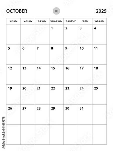 Fototapeta October 2025 year planner template, calendar 2025 desgin, monthly and yearly planners. organizer diary. week start Sunday, corporate planner template, Desk calendar 2025, vertical layout, vector