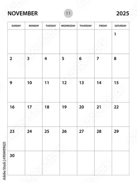 Fototapeta November 2025 year planner template, calendar 2025 desgin, monthly and yearly planners. organizer diary. week start Sunday, corporate planner template, Desk calendar 2025, vertical layout, vector