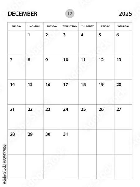 Fototapeta December 2025 year planner template, calendar 2025 desgin, monthly and yearly planners. organizer diary. week start Sunday, corporate planner template, Desk calendar 2025, vertical layout, vector