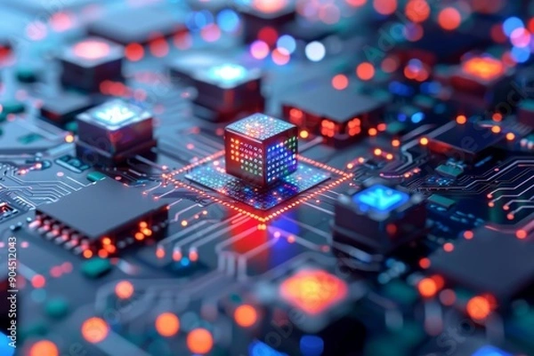 Fototapeta Motherboard city illuminated by neon lights visualizing the concept of a smart city powered by AI.
