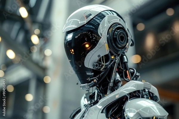 Fototapeta Futuristic robot with glowing eyes is standing in a high tech environment