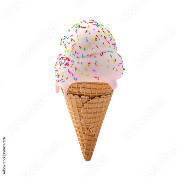 Fototapeta Ice Cream Scoops with Rainbow Sprinkles in a Waffle Cone on a Pastel Pink Background