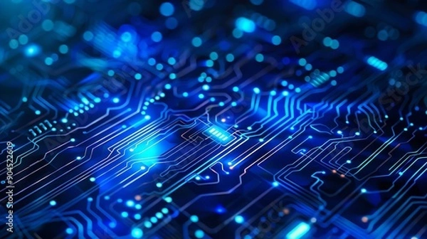 Fototapeta Abstract blue circuit board with glowing lines.