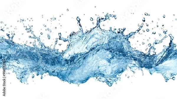 Fototapeta Blue water splash cut out on a white background, frozen mid-air with droplets sparkling in the light
