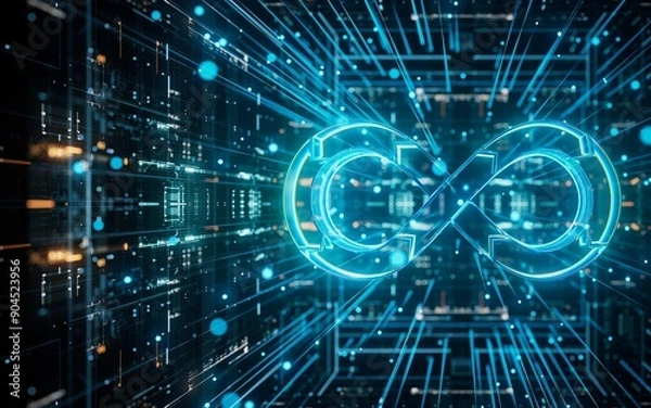 Obraz Devops software development operations infinity symbol. Web development concept in isometric design. Developing of internet app, online website service.	
