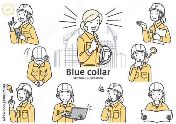 Obraz 女性現場作業員の表情やしぐさのイラストセット