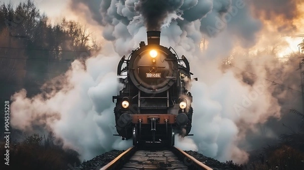 Fototapeta Steam locomotive emerges from a cloud of smoke on railroad tracks.